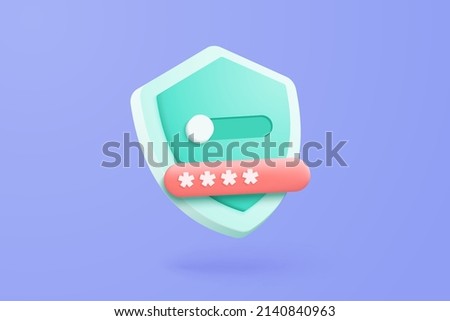 3D shield protection with password secure for online payment on purple background concept, user password for 3d security icon with payment protection on isolate vector render background