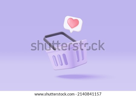 3d shopping bag for online shopping and digital marketing concept. Basket minimal icon with shadows on purple background. Shopping bag for buy, sale, discount, promotion. 3d vector icon illustration