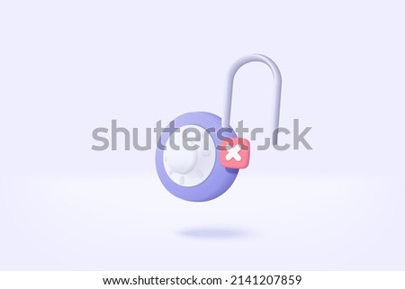 3D padlock for password unsecure online on white background. Closed padlock sign. Cyber security digital data protection minimal concept. 3d security protection on isolated vector render illustration