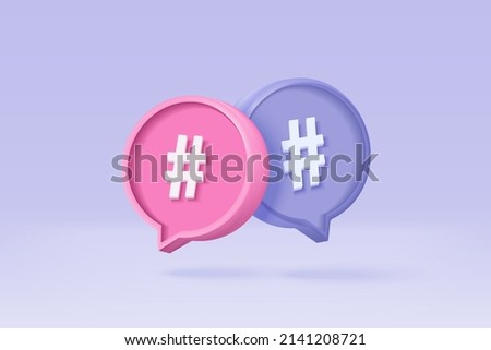 3D hashtag search link symbol on social media notification icon isolated on purple background. Comments thread mention or user reply sign with social media. 3d hashtag on vector render illustration