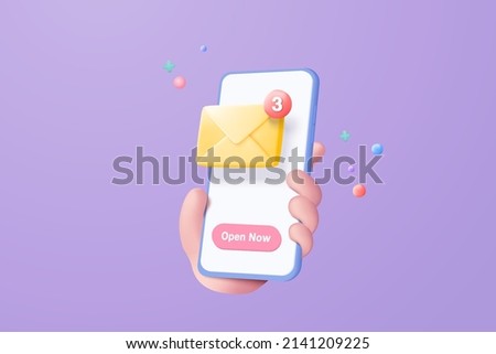 3d email envelope icon with notification new message in hand holding smartphone. 3d email newsletter with letter paper icon. newsletter message in mobile concept 3d vector render purple background
