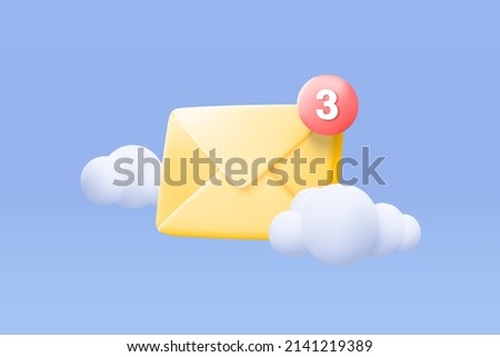 3d mail envelope icon with notification new message on blue sky cloud background. 3d envelope email letter with bubble unread icon. mail message concept 3d vector render isolated blue background
