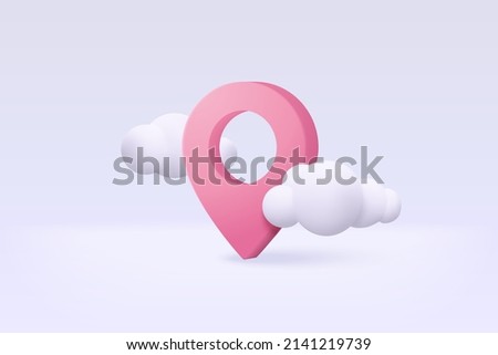 3D map location point marker of map or navigation pin icon sign on isolated cloud background. 3d pin navigation is pink color with shadow on cloud map direction. 3d GPS pin vector render illustration