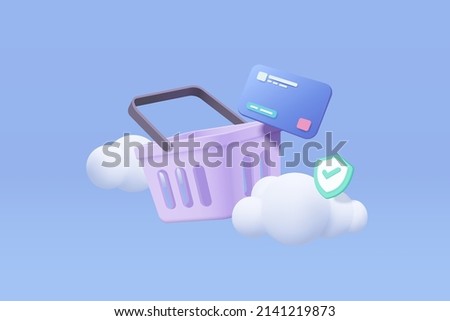 3d shopping bag for online shopping and credit card secure concept. Basket 3d icon with shadows on sky cloud background. Shopping bag for buy, sale, discount, promotion. 3d vector icon illustration