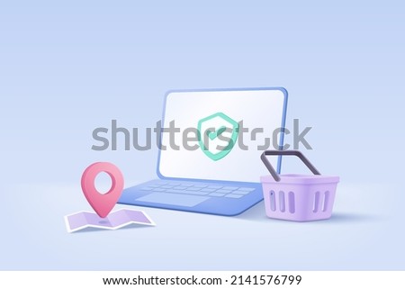 3D shopping online with laptop, pin location point marker of map, shopping bag or basket. Shield protection with password secure for online payment concept. Notebook icon 3d vector render illustration