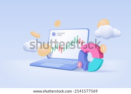 3D online trading with laptop on blue sky cloud background. 3d notebook using funding business graph on computer with money coin concept. 3d vector trading for business investment render illustration