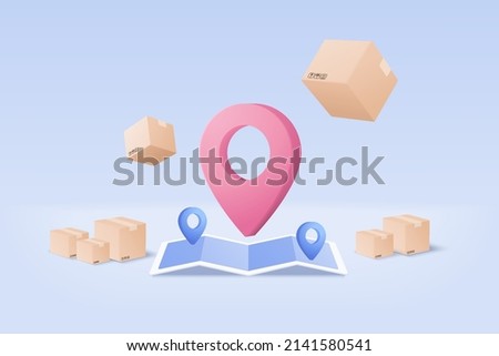 3D online deliver service, delivery tracking location, pin location point marker of map for shipment concept. Product shipping packing out from 3d map. Logistic icon 3d vector render illustration