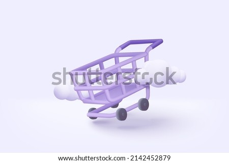 3D shopping cart with cloud for online shopping and digital marketing ideas. basket and promotional labels on white background shopping bag buy sell discount. 3d shop cart vector icon illustration