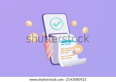 3d pay money with mobile phone banking e billing concept. Easy bill payment transaction on the smartphone. Mobile 3d in hand with financial paper. 3d e bill bank payment vector icon illustration