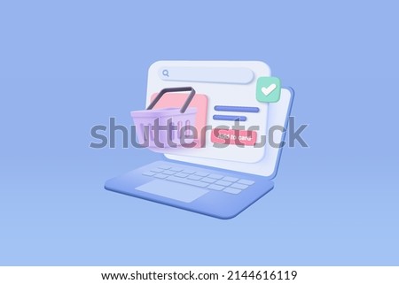 3D shopping online with laptop, product shipping e commerce, shopping bag. 3d Payment protection with password secure for online payment concept. E commerce icon 3d vector render illustration