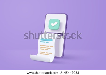 3d pay money with mobile phone banking online payments concept. Easy e bill payment transaction on 3d smartphone. Mobile with financial paper on background. 3d e bill payment vector icon illustration