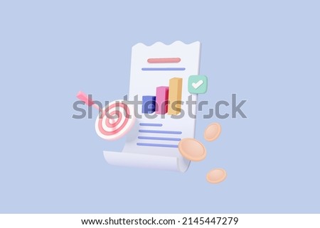 3d clipboard with business idea goals on project plan, fast progress, analytics icon. Business invoice bill expenses idea concept. 3d vector render arrow hit center of target on checklist clipboard