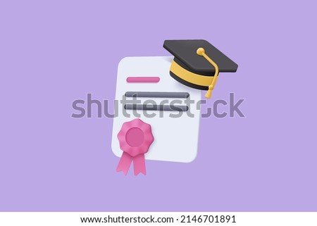 3D graduation of university, college for student concept. graduation hat and diploma cartoon style with clipboard check list. 3d vector education diploma for student study success render illustration