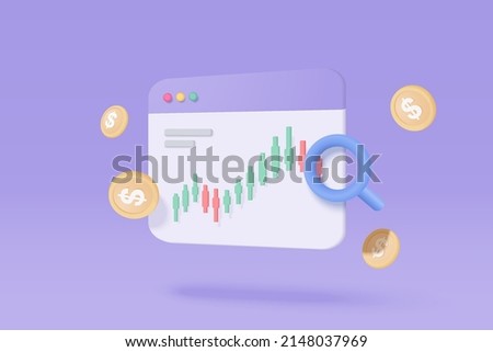 3D online trading with graph in browser on background. 3d Browser using funding business graph on laptop with money coin concept. 3d icon vector trading for business investment render illustration