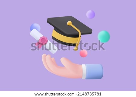 3D graduation of university, college for student concept. graduation hat and diploma cartoon style with bubble background. 3d vector education diploma for student study success render illustration