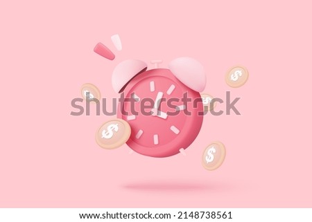 3d alarm clock with Investing money to grow in time concept. Business investments earnings and financial savings 3d, fast money, quick loan. 3d clock time illustration vector render in pink background
