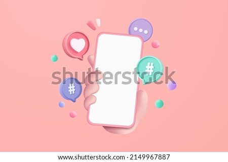 3D vector minimal social media with video and photo gallery on mobile phone in hand holding, product photo optimization for 3d mobile phone concept. Image 3d display with device smartphone