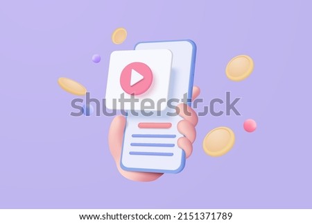 3d social media with live streaming video on 3d mobile phone in holding hand. Social media online playing video for make money passive income concept. 3d video entertainment vector render illustration