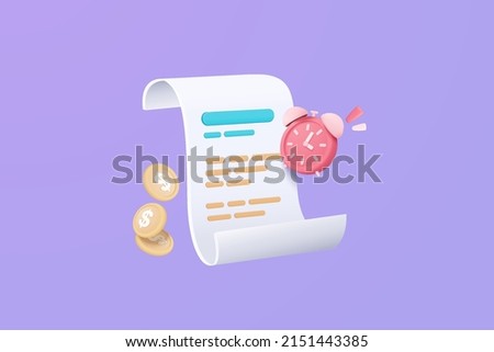 3D vector bill with clock alarm for payment transaction with money coin. Business 3d invoice bill expenses idea concept. 3d vector render paper receipt for shopping isolate purple background