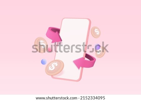 3D money payment transfer money system online payment concept, Bundles cash and floating 3d money coins exchange with mobile phone banking. 3d smartphone and cashless with vector render illustration