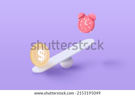 3D money coin compare alarm clock on weighing scales, financial investing, money-saving, money exchange with time, financial management concept. 3d weighing balance vector render in purple background Сток-фото © 