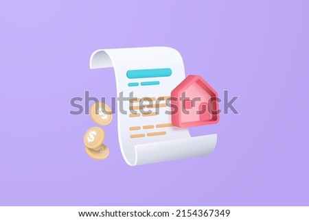 3D vector bill with home for payment transaction with money coin. Business house financing invoice bill expenses idea 3d concept. 3d cartoon render paper receipt for financing bill purple background Foto stock © 