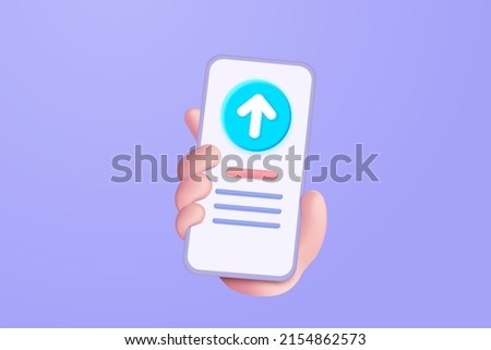 3d mobile phone in hand with upload data to cloud computing concept for file sharing and data transfer system. Upload to server with mobile app, website. 3D icon vector with shadow render illustration