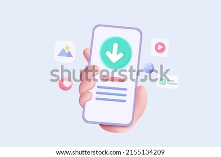 3d mobile phone in hand with download data to cloud computing concept for file sharing and data transfer system. 3d download file to app mobile phone. 3D mobile app icon vector render illustration Foto d'archivio © 