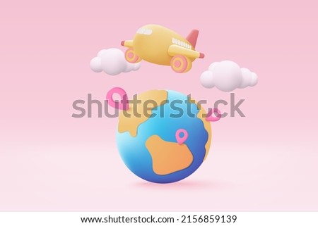 3D globe pin map with flight plane travel tourism trip planning world tour. Tourism plane trip planning world tour with pin location on holiday summer concept. 3d vector airplane render illustration