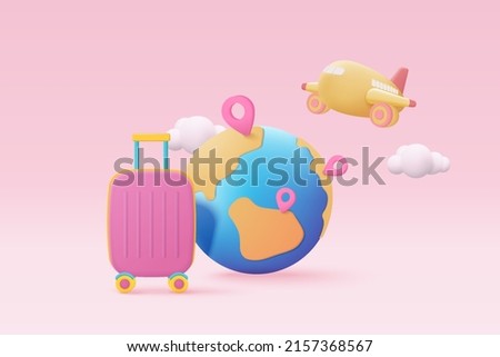 3D globe pin map with flight plane travel tourism trip planning world tour. Tourism plane trip planning world tour with pin location on holiday summer concept. 3d vector airplane render illustration