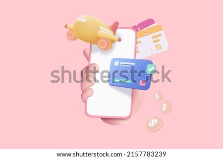 3D payment ticket for flight airplane online via mobile phone, ready for tourism and travel planning with smartphone. Travel booking and service. 3d vector airplane ticket render illustration