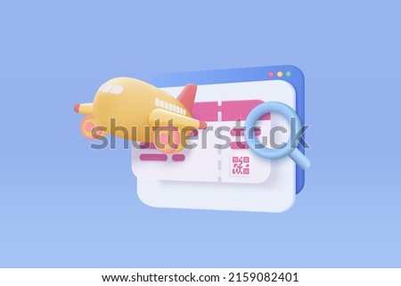 3d flight search and airplane tickets online service concept in cartoon style. find ticket plane online and booking worldwide travel, magnifier tourism icons. 3d flight icon vector render illustration