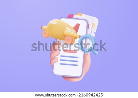 3d flight search and airplane tickets online service concept on mobile phone. find ticket plane online and booking worldwide travel, magnifier tourism icons. 3d flight icon vector render illustration