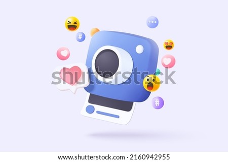 3d minimal photo camera and frame social media on pastel background with shadow. 3d simple snapshot camera icon concept. Volumetric design for creative photos. Lens isolated vector render illustration