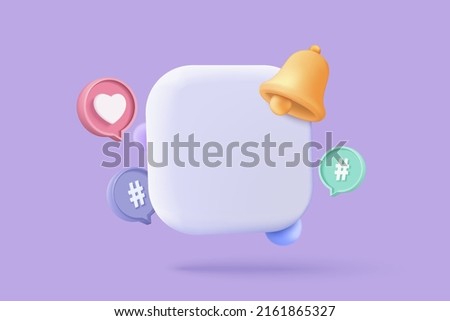 3D app icon with notification alert speech bubble, online social conversation comment push notice 3d concept, blank app icons, chat with social media. 3d notice icon render vector illustration