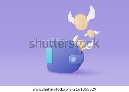3D vector money holding wallet, money coins with wings for online payment. Floating currency, lost money, money saving, bank, finance, business investment concept. 3d wallet render illustration