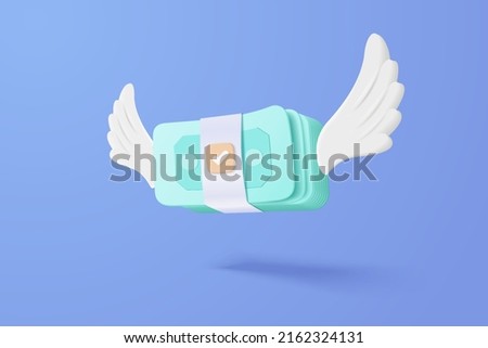3D banknote currency on blue background. banknote 3d with wings growing business concept, lost money, money saving, bank, finance investment. 3d money loan wing payment icon vector render illustration