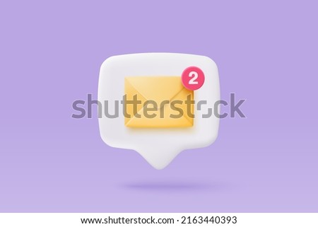 3d mail envelope icon with notification new message. Minimal 3d email letter with notification red bubble unread icon. message mailbox concept 3d icon vector render isolated pastel background