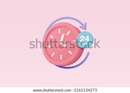 3d alarm clock 24 hours icon for speed delivery concept. Pink watch minimal 3d design concept of time, service and support around clock, 24 hours a day. 3d clock icon vector rendering illustration 商業照片 © 