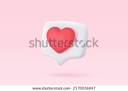 3D social media online platform concept, online social communication on applications, Photo frame with heart and love emoji 3d icon, like and play in red bubble icons. 3d heart love vector render