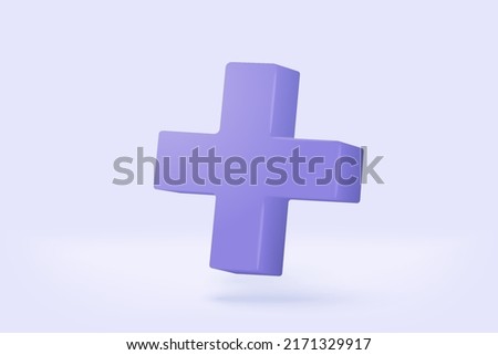 3d purple plus sign icon on the purple background. Cartoon 3d icon of first aid and health care for hospital emergency. Medical symbol of emergency help. 3d aid health plus vector render illustration