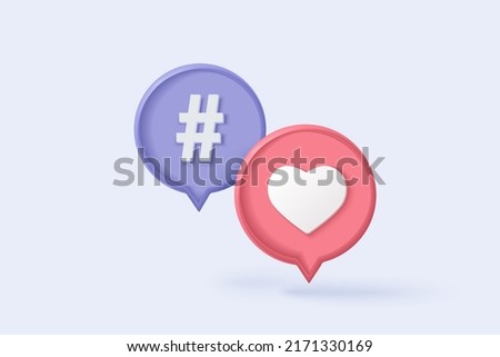 3D hashtag search link symbol on social media notification icon. Comments mention or reply sign 3d with love, like, hashtag for community social media. 3d heart icon on vector render illustration