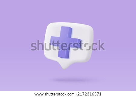 3d purple plus sign icon on the white background. Cartoon icon of first aid and health care add minimal style. Medical drugs plus 3d symbol of emergency help. 3d aid vector render illustration Foto stock © 