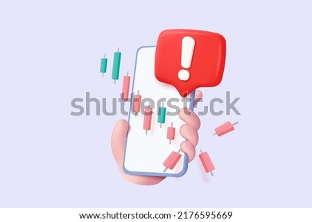 3D pile of trading graph with plummeting and warning on mobile phone holding hand. Business failure and alert concept, 3d money for finance investment. 3d trading icon vector render illustration