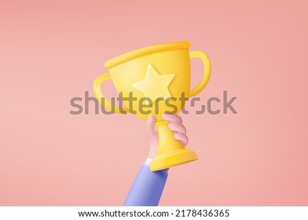 3d celebrate winners with golden cup, prize winners stars in holding hand. 3d award ceremony concept with hand hold winner cartoon style. 3d trophy success icon vector render illustration
