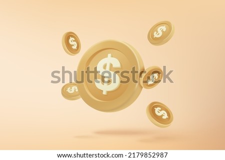 3D money coin saving on pastel yellow background. bundles cash and floating 3d coins exchange with finance business concept, earning investment. 3d money coin icon vector rendering illustration