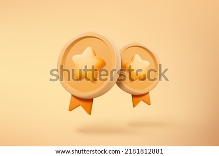 3d winner medal with star and ribbon on pastel yellow background. Quality guarantee of product champion award with 3d cartoon minimal style. 3d guarantee medal rating icon vector render illustration