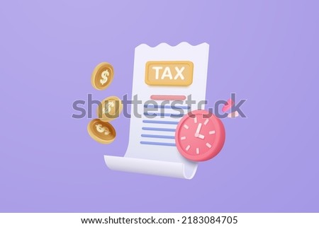 3d tax payment and business tax with money coin, clock and tax form. Composition with financial annual accounting, calculating and paying invoice. 3d tax payment vector icon render illustration