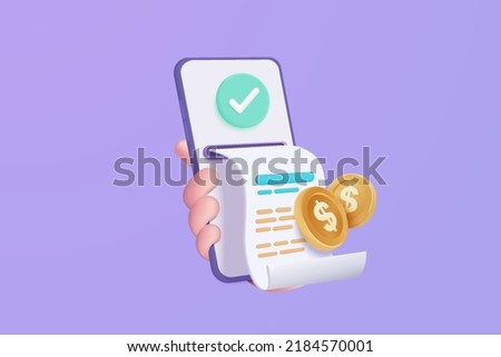 3d pay money with mobile phone banking online payments concept. 3d bill on smartphone transaction with money coin. Mobile with money financial document. 3d bill payment vector icon illustration