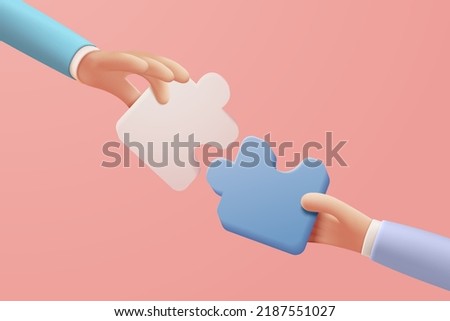 3D jigsaw puzzle pieces symbol of teamwork. Problem-solving, business challenge in hand of people connection jigsaw puzzle, partnership concept.  3d teamwork idea icon vector render illustration